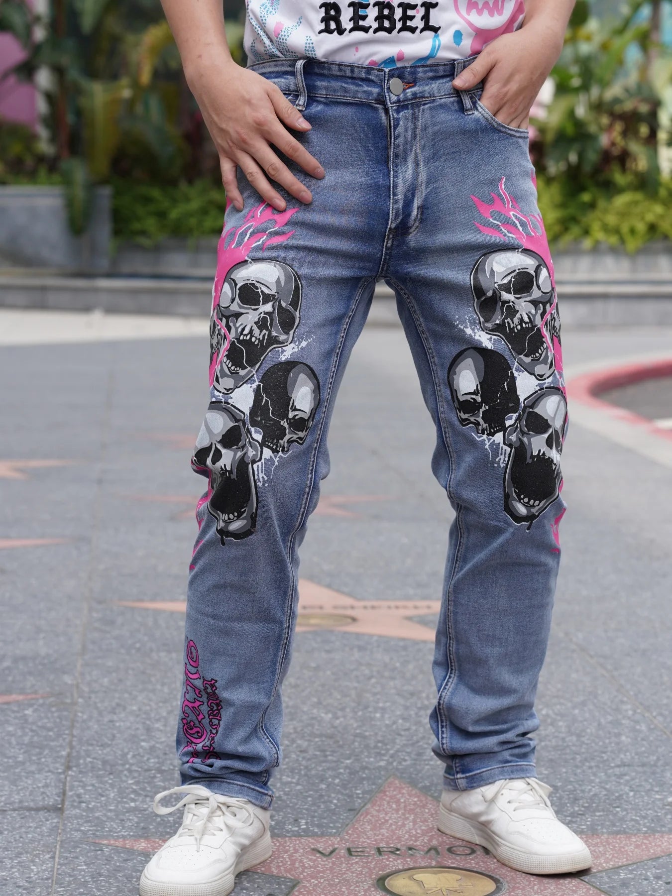 Men's Jeans With Fashionable Devil Print  High Waisted and Wide Leg Style  Enjoy Promotional Discount With Free Shipping