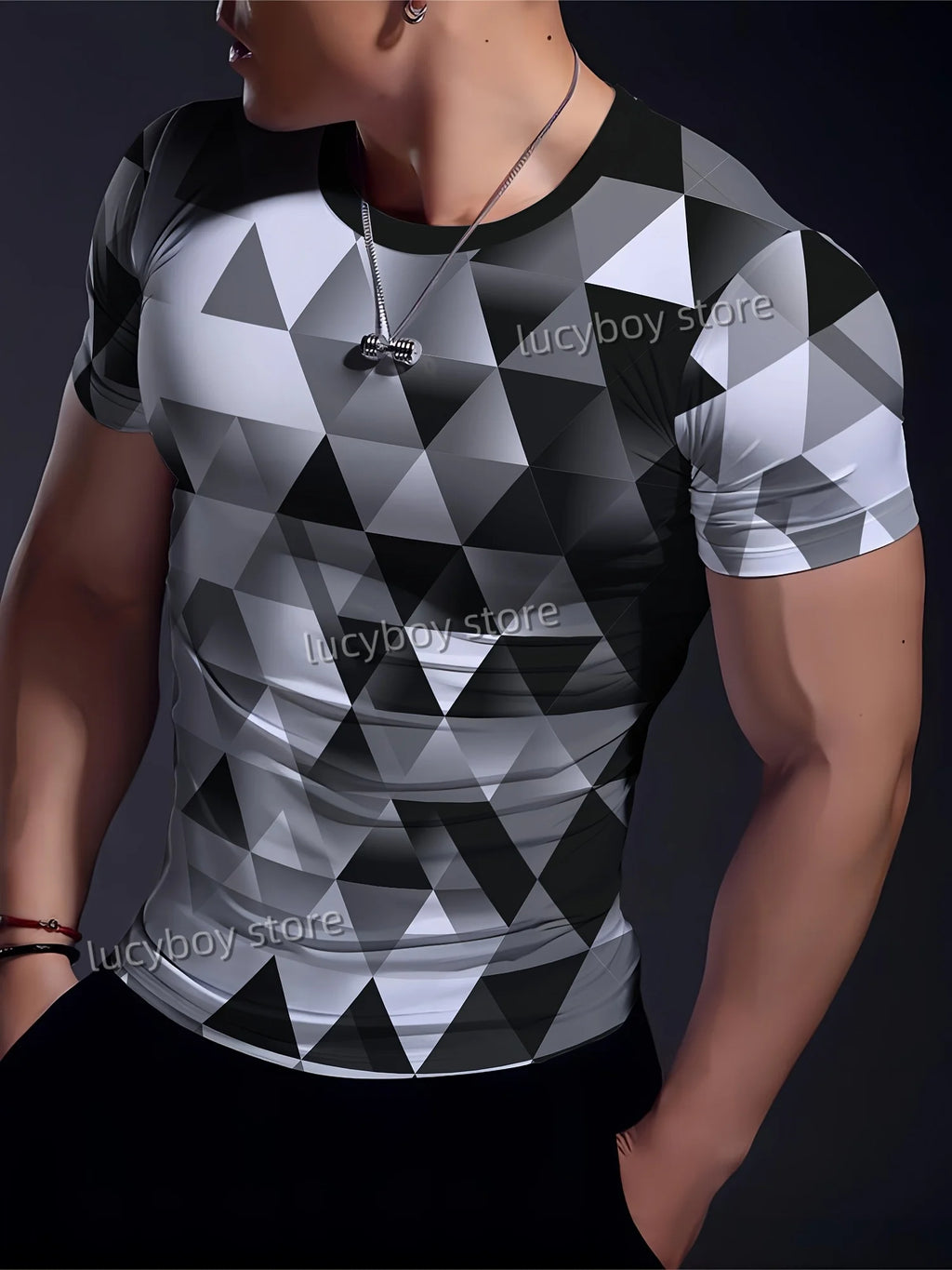 Men's Sports Gym T Shirt Muscle Training Tees Short Sleeve Tees Quick Drying Grid diamond print Men Oversized Tops Men Clothing