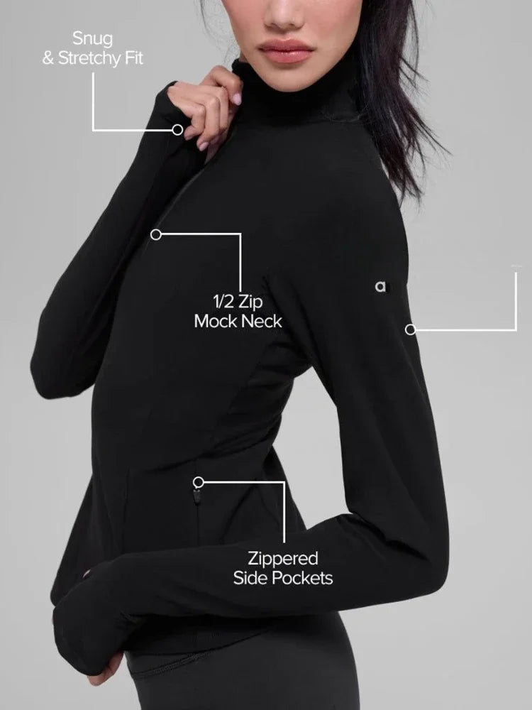 Fashion Workout Tops for Women Half-zip Yoga Top Elastic Soft Breathable Pilates Long Sleeved Top Solid Color Running Exercise