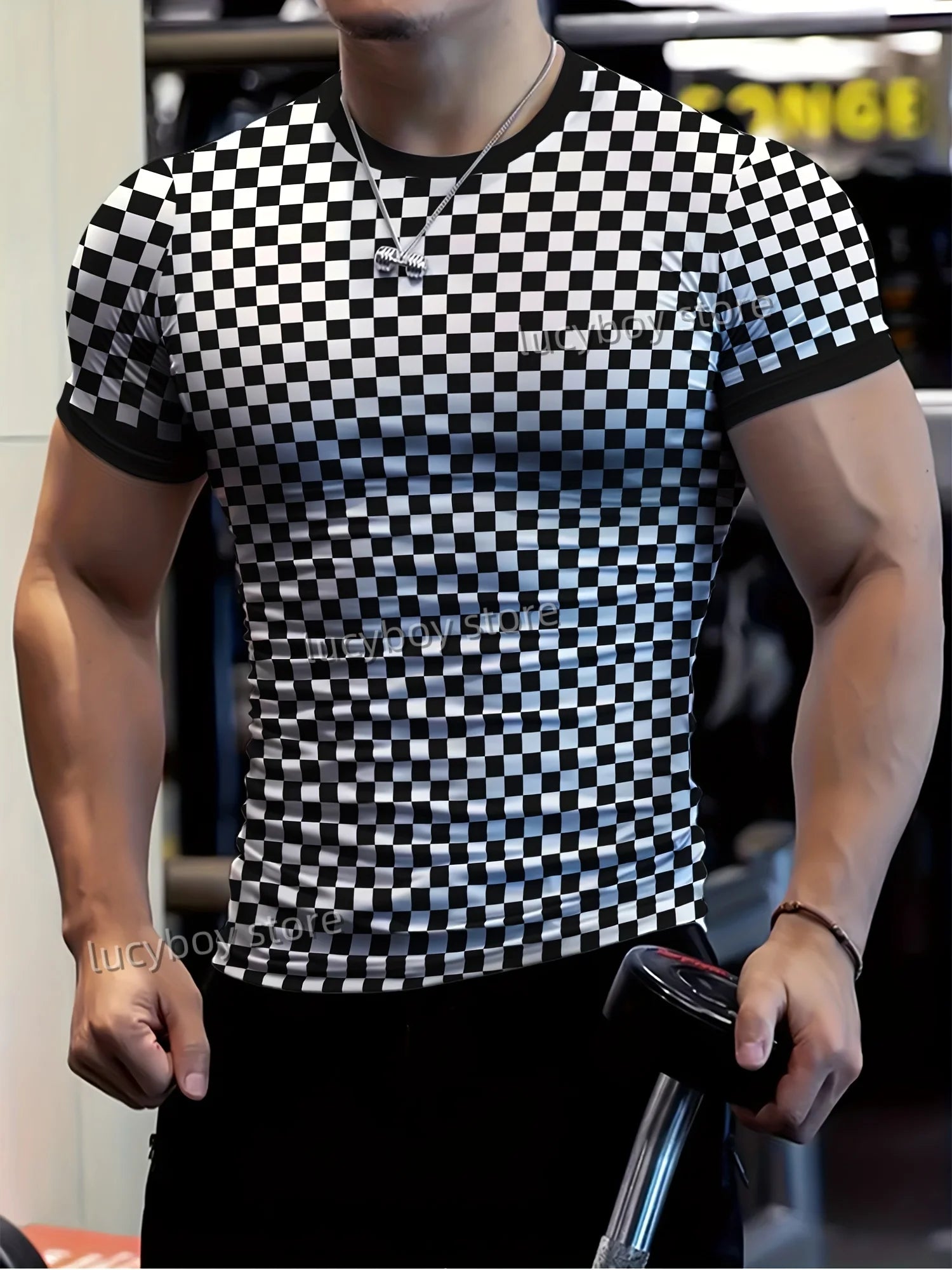 Men's Sports Gym T Shirt Muscle Training Tees Short Sleeve Tees Quick Drying Grid diamond print Men Oversized Tops Men Clothing