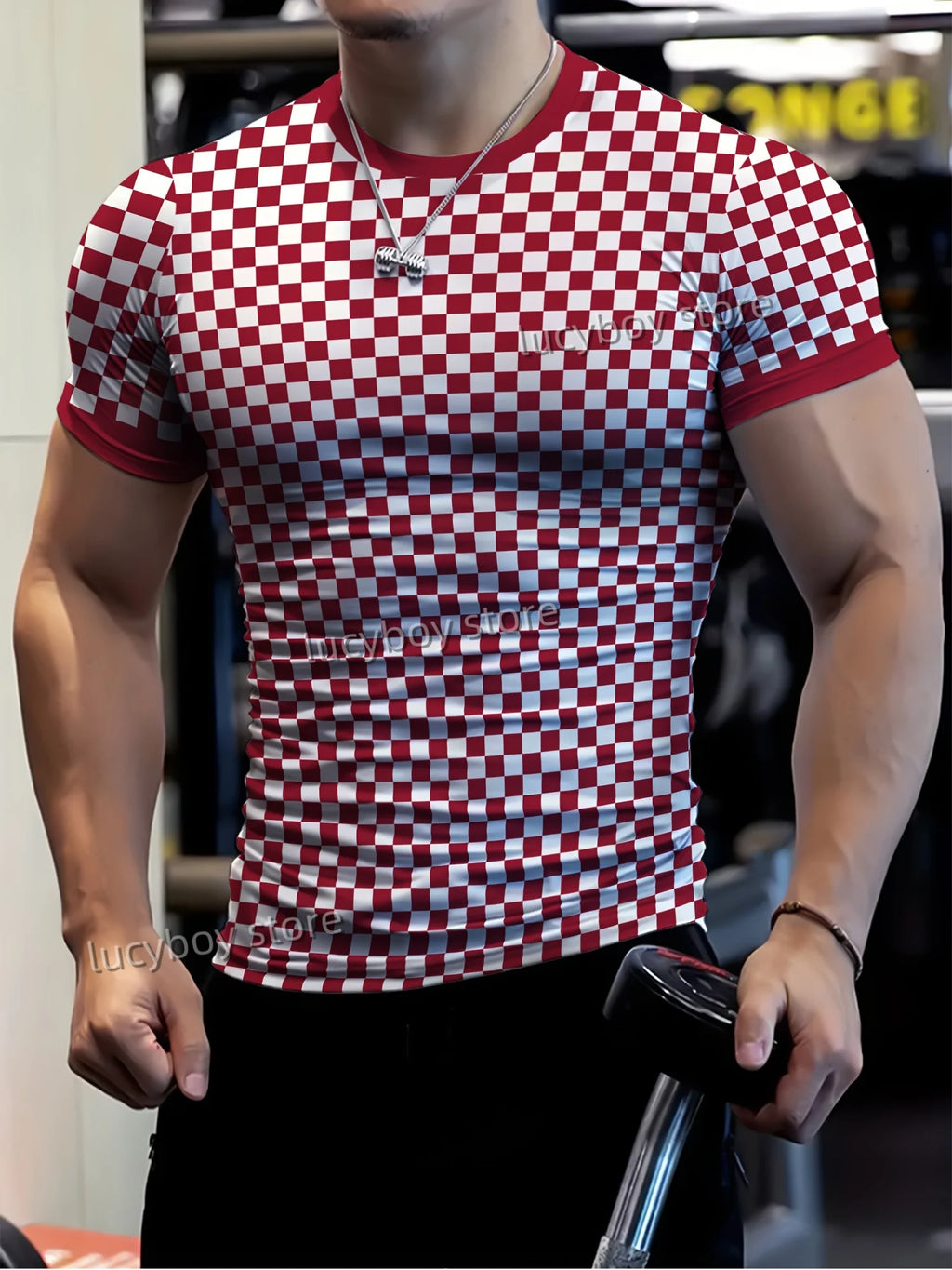 Men's Sports Gym T Shirt Muscle Training Tees Short Sleeve Tees Quick Drying Grid diamond print Men Oversized Tops Men Clothing