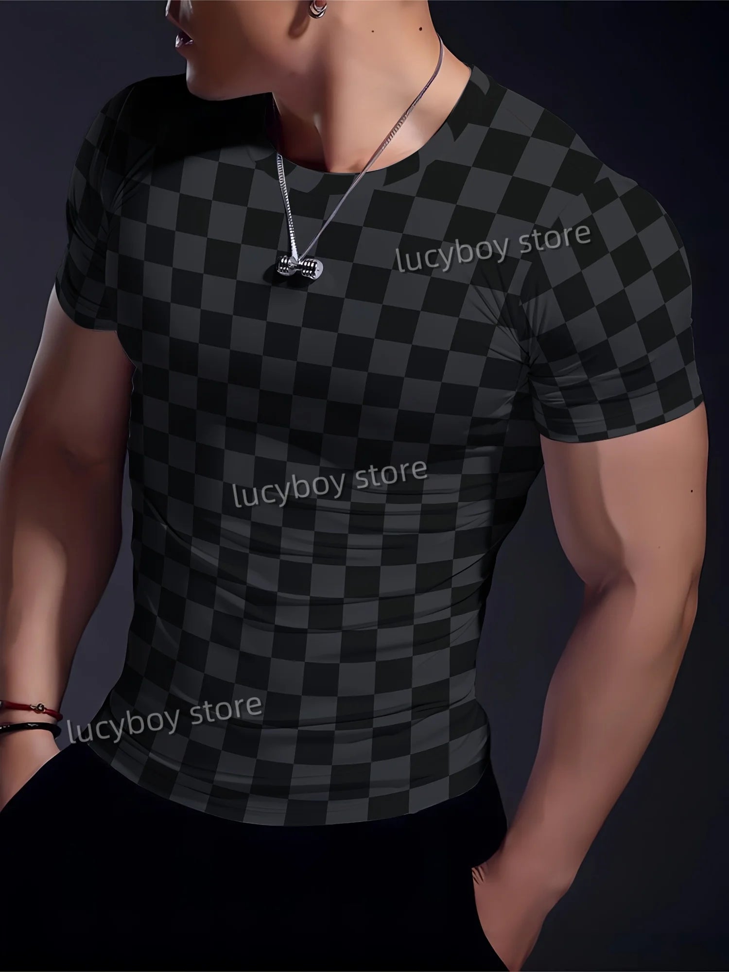 Men's Sports Gym T Shirt Muscle Training Tees Short Sleeve Tees Quick Drying Grid diamond print Men Oversized Tops Men Clothing