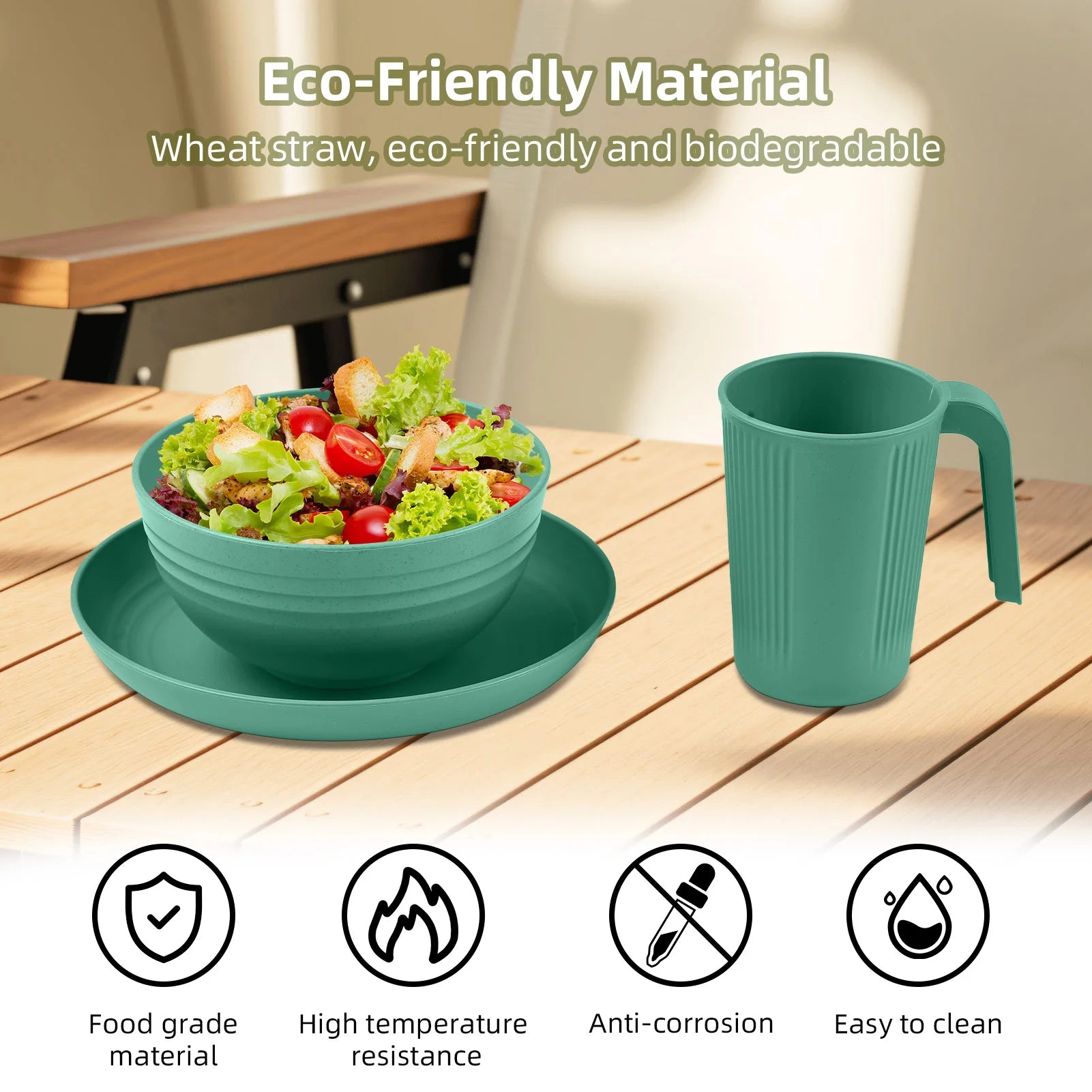 Camping Utensils Set for 2 Portable Wheat Straw Mess Kit with Bowl Plate Cup Fork Knife Spoon Outdoor Tableware and Picnicware